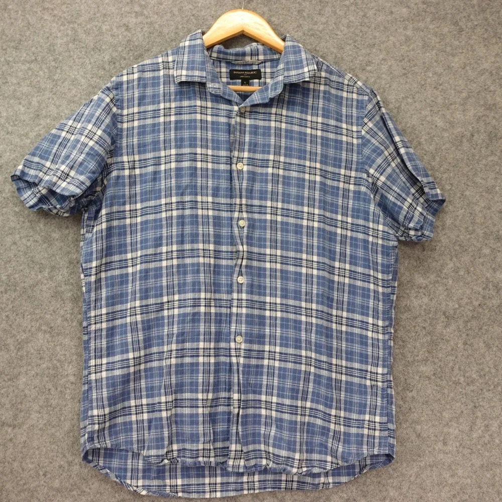 Banana Republic Linen Shirt Mens LARGE Blue Madras Plaid Slim Fit Camp Collar